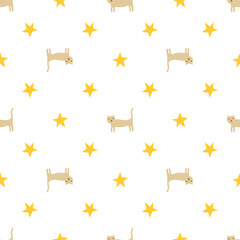 Seamless vector background. Decorative texture. Colorful pattern with funny kittens and yellow stars.