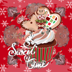  Red winter pattern card with festive muffins decorated with hearts and inscription 'Sweet time'