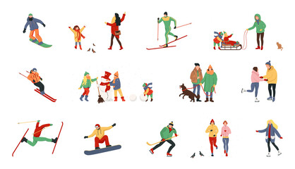 Fototapeta na wymiar Adult people and children dressed in winter clothing snowboarding and skiing. Winter time. People on the ice rink playing hockey and performing outdoor activities. 