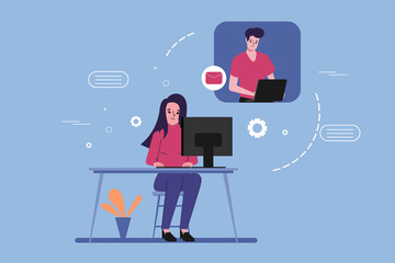 People video call conference on laptop computer. Social media chatting worldwide concept illustration.