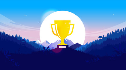 Reward vector illustration - Trophy in scenic landscape with big sun. Aspiration, personal goal and personal achievement concept.