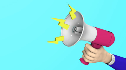 Speak up - Hand with megaphone screaming a message with copy space to add text. 3d render illustration.