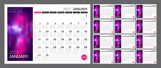 Calendar for 2022. Week starts on Sunday. Set of 12 calendar pages vector design template with place for photo.