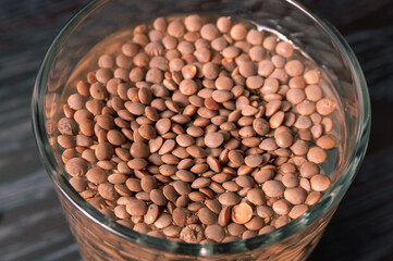 close-up of the lentils soaked in a glass of water.
