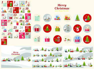 Christmas set with calendar, greeting cards, icons and Highlights of Cover Stories, vector flat illustration