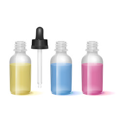 Set of Moisture oils ads, with light colorful fluids cosmetic skincare product on white background. Vector eps 10 illustration