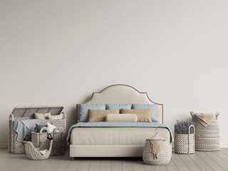 Classic bed and wicker baskets in light interior