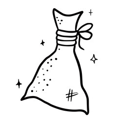 Hand drawn vector isolated pouch icon. Black outline illustration of sac. Witchcraft aesthetic tools.