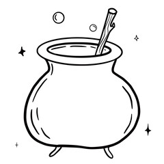Hand drawn vector isolated cauldron icon. Black outline illustration of cauldron. Witchcraft aesthetic tools. 