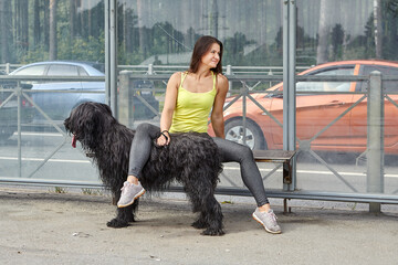 Young woman with briard waits on bus stop.