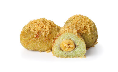 Battered and Deep-Fried Unripe Rice and Grated Coconut Banana Rolls (khaao mao thaawt), Thai sweet dessert isolated on white background with clipping path.