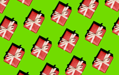 Christmas pattern - a pattern from a red box tied with a white ribbon on a light green background