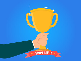 Award winner trophy cup in human hand. Concept of success. Champion, winner, leadership. Flat cartoon vector illustration isolated on blue background