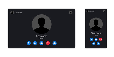 Video call app screen template. Computer and mobile version. Online communication and dating concept.