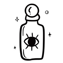 Hand drawn vector isolated potion icon. Black outline illustration of potion bottle. Witchcraft aesthetic tools.