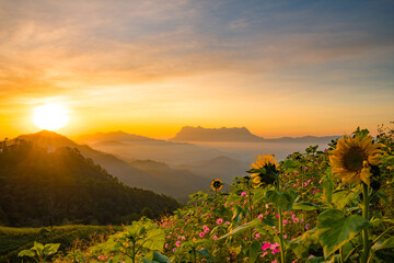 Fototapeta premium Scenery of the sky gradient from blue to orange sunrise over the valley at Doi Luang, Chiang Dao, Chiang Mai, Thailand.