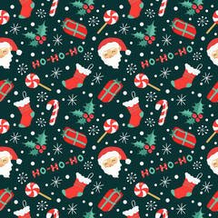 vector seamless pattern for christmas and new year theme with hand drawn santa claus, gift boxes, holly leaves, snowflakes, lollipops and socks on dark green background