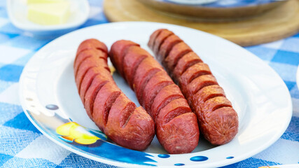 close-up pan fried sausage
