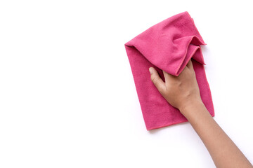  hand holding pink duster microfiber cleaning cloth isolated on white background with clipping...