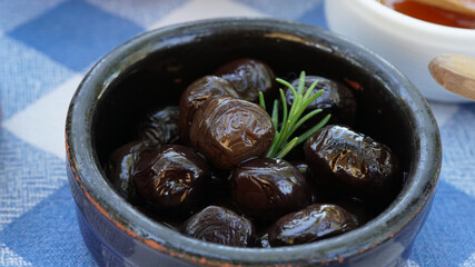 black and green olives at the breakfast table
