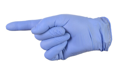 Hand in a blue glove, index finger pointing to the left.