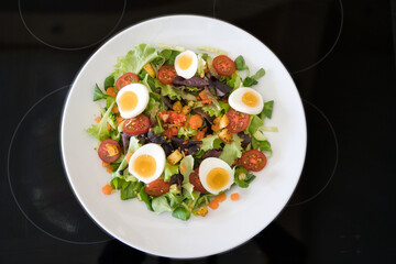 Gemischter Bio Salat Teller mit Tomaten, Eier, Schinken und Croutons, Produktbild, Low Carb Diät
