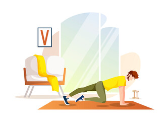 Man doing plank exercise on the mat  at home. Fitness, Sport training, Healthy lifestyle concept. Isolated vector illustration for poster, banner, card, cover.