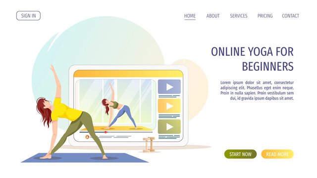 Tablet screen with video of woman doing yoga exercises on the mat. Online yoga classes, wellness, healthy lifestyle, sport, fitness concept. Vector illustration for poster, banner, website.