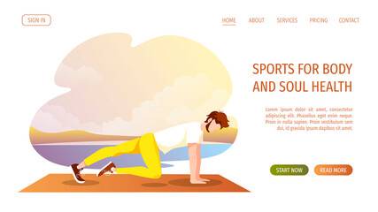 Man doing plank exercise on the mat  in nature. Fitness, Sport training, Healthy lifestyle concept. Vector illustration for poster, banner, website.