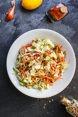 fresh salad vegetables Chinese cabbage, carrot, onion, pepper and more meal on the table tasty top view copy space for text food background rustic keto or paleo diet