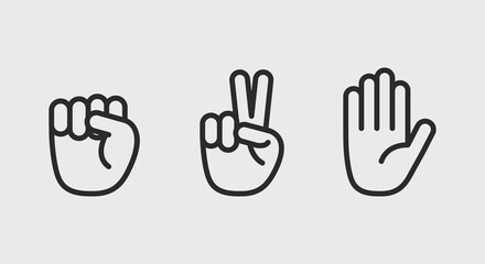 Rock, scissors, paper icons. Hand gestures icons set. Rock, scissors, paper icons isolated on white background. Vector illustration