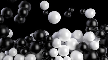 Black and white balls fall into a pool or screen on a black background. Spheres fill the volume. 3D render.