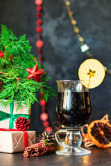 mulled wine or red wine christmas background festive table setting holidays party new year meal top view copy space for text food background rustic