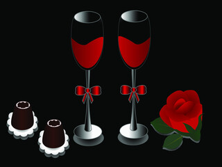 Two glasses of red wine, chocolates and rose on a black background.