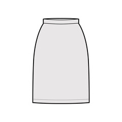 Skirt sheath technical fashion illustration with straight knee silhouette, pencil fullness, thin waistband. Flat bottom template front, grey color style. Women, men, unisex CAD mockup