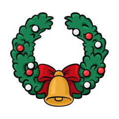 Christmas wreath in cartoon style.  Hand drawn christmas wreath isolated on white.