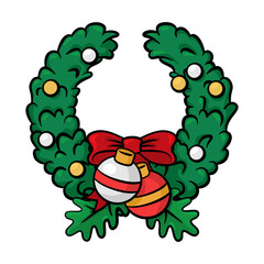 Christmas wreath in cartoon style.  Hand drawn christmas wreath isolated on white.