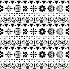 Mexican seamless vector black and white pattern with flowers and abstract shapes - textile, wallpaper design
