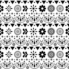 Mexican seamless vector black and white pattern with flowers and abstract shapes - textile, wallpaper design
