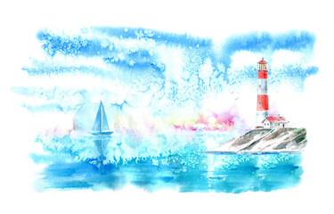 Landscape of a sea, boat and lighthouse .Sunrise. Marine image.Watercolor hand drawn illustration.	