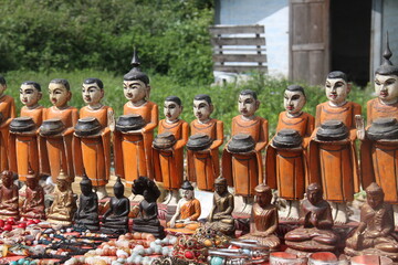 Various type of Buddhist sculptures for sale at traditional market in Indein, Shan State, Myanmar.