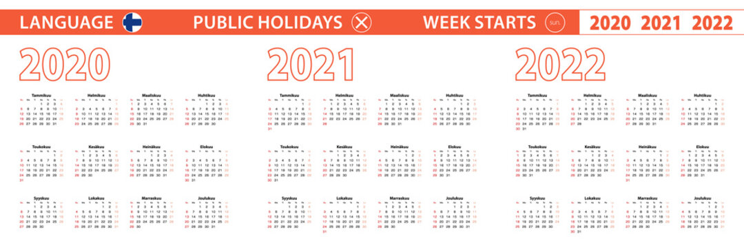 2020, 2021, 2022 year vector calendar in Finnish language, week starts on Sunday.