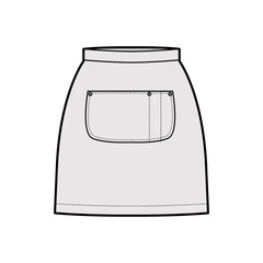 Skirt apron technical fashion illustration with mini silhouette, pencil fullness, big center pocket. Flat bottom template front, grey color style. Women, men, unisex CAD mockup