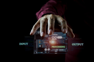 Arduino controller board element photo in dark background with infographic details.