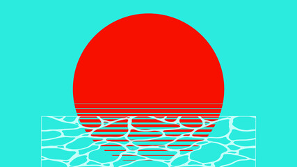 Retro minimal aesthetic sunset and beach wave ripples illustration background, bright two tone summer vibe flat design