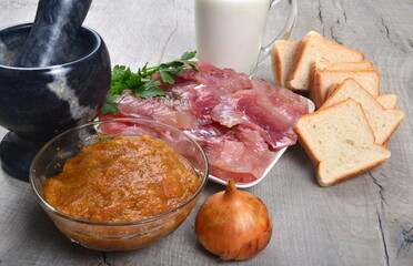 Ingredients for fish cutlets, meatball or fish croquettes. Fresh fish meat, bread, milk, onion, fish caviar and parsley, salt. Copy space