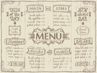 Fototapeta na wymiar Menu list old style board design for cafe or restaurant