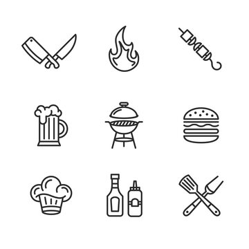 Barbecue icons set. Grill, bbq outline icons isolated on white background. Simple design for Steak House, Restaurant, Butchery. Vector illustration