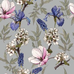 Floral seamless pattern with watercolor irises, magnolia, cherry blossom and muscari.
- 388554977