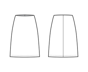 Skirt sheath technical fashion illustration with straight knee silhouette, pencil fullness. Flat bottom template front, back, white color style. Women, men, unisex CAD mockup